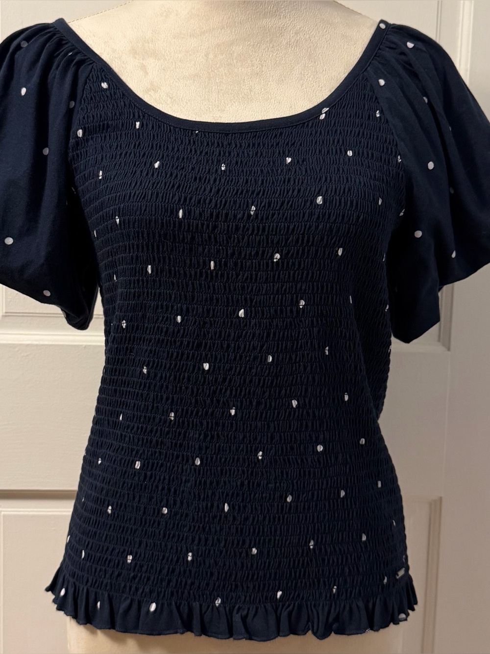 Nautica Women's Navy Blue and White Polka Dot Short Sleeve Smocked Top, Size M